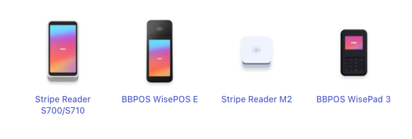 Stripe Reader S700 and S710, BBPOS WisePOS E, Stripe Reader M2, and BBPOS WisePad 3